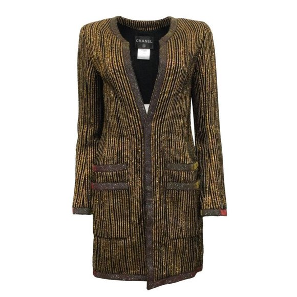Chanel Gold / Black Open Front Metallic Tweed Blazer